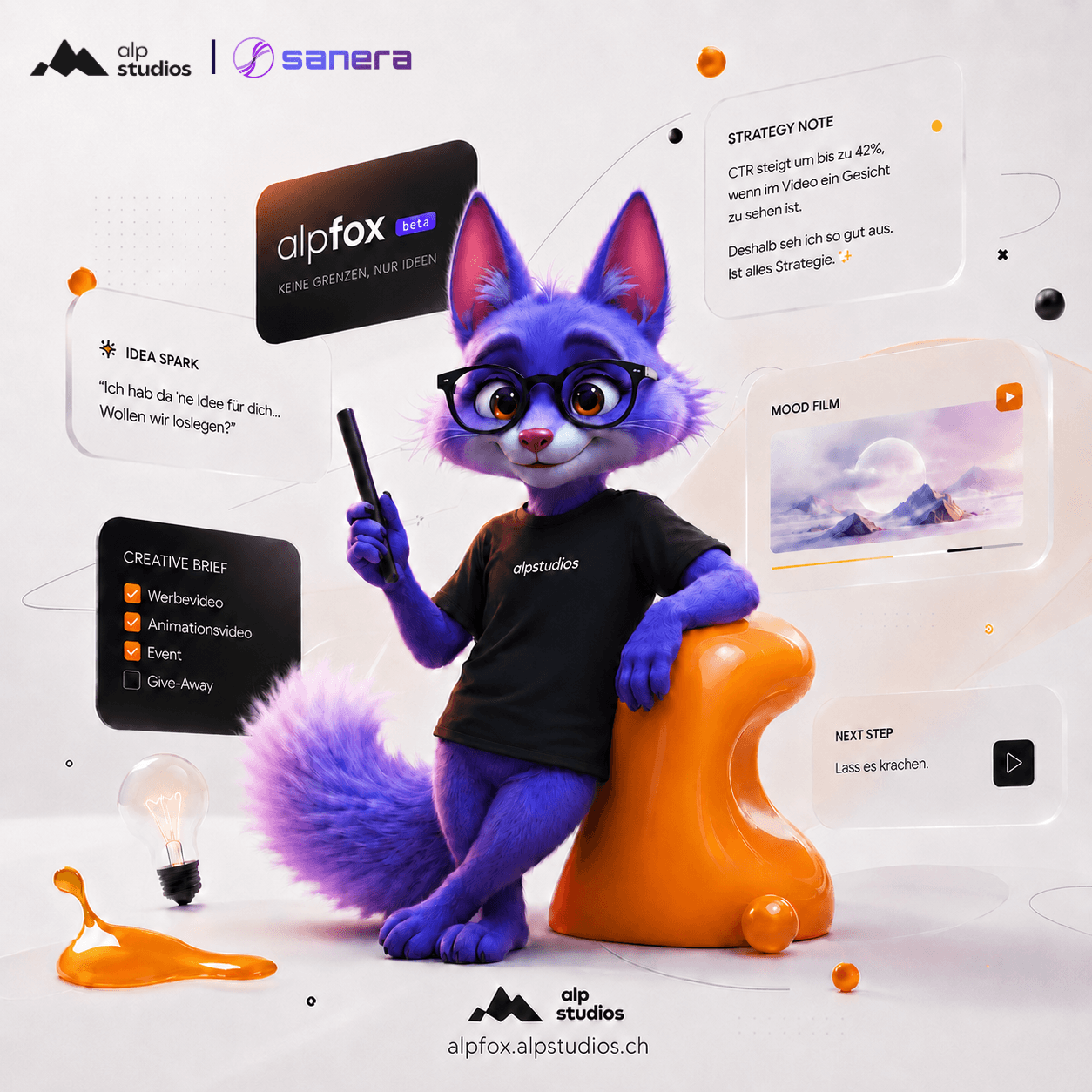 AlpFox AI creative companion with strategy and brief cards