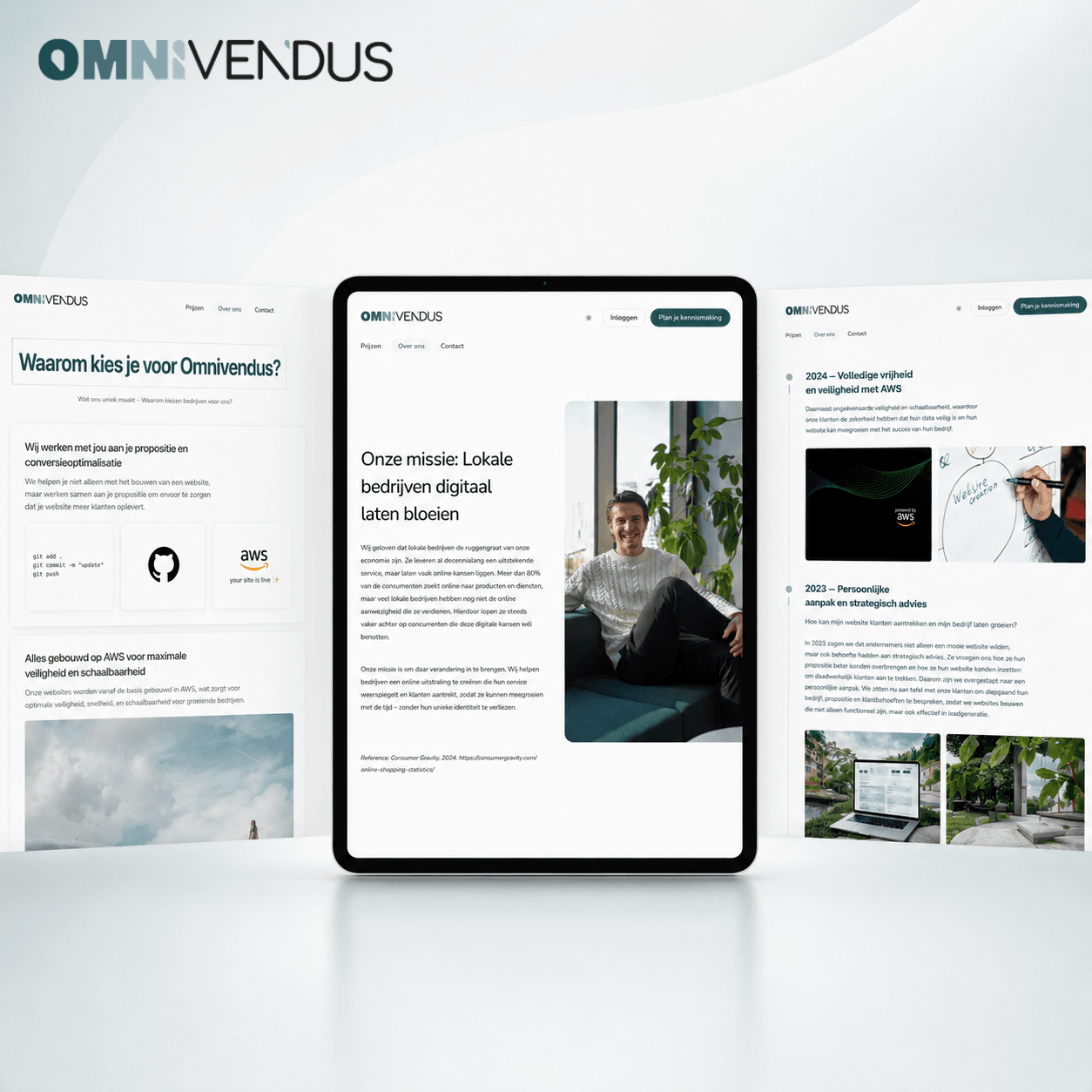 OmniVendus mission and content pages on tablet